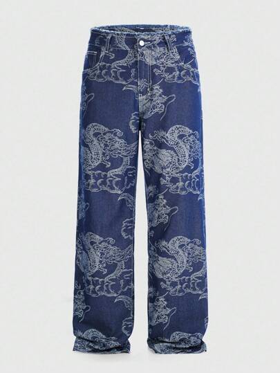 Anime بنطلون جينز رجالي مستقيم الساق بطبعة تنين مغسول بشكل عادي