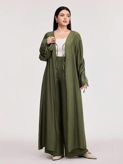 Veilorie 女士纯色抽绳长袖长衬衫和长裤两件套