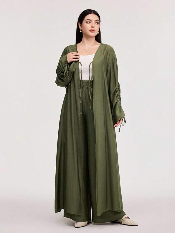 Veilorie Conjunto de dos piezas de camisa larga de mangas largas con cordón y pantalones de mujer de unicolor