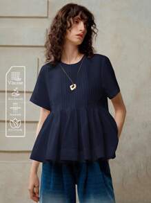 EMERY ROSE 女士粘胶纤维梭织纯色短袖圆领休闲个性褶皱衬衫，适合春夏、度假、通勤和日常穿着，娃娃衫，夏季女装，可爱夏季上衣，夏季衬衫，外出上衣，可爱夏季上衣 - 藏蓝色 - 查看 1