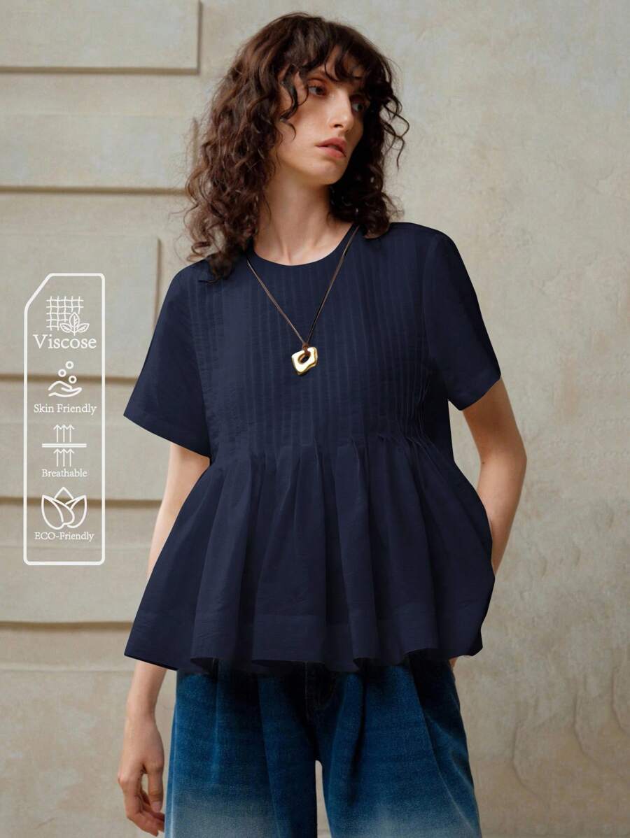 EMERY ROSE 女士粘胶纤维梭织纯色短袖圆领休闲个性褶皱衬衫，适合春夏、度假、通勤和日常穿着，娃娃衫，夏季女装，可爱夏季上衣，夏季衬衫，外出上衣，可爱夏季上衣 - 藏蓝色 - 查看 1