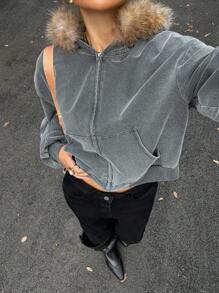 Muchica 女式万圣节服装哥特式水洗做旧休闲复古仿皮草领连帽夹克朋克斗篷外套复古风格女式 Y2K 服装秋冬女式 Y2K 服装 - 黑色 - 查看 3