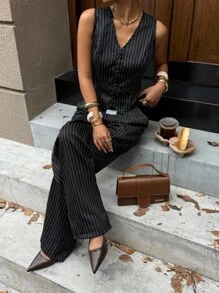 Muchica Conjunto de 2 piezas de ropa casual de negocios para mujer, con chaleco de cuello en V con botones y estampado de rayas, y pantalones. Ropa casual para mujer y pantalones de traje en estilo gótico para otoño/invierno