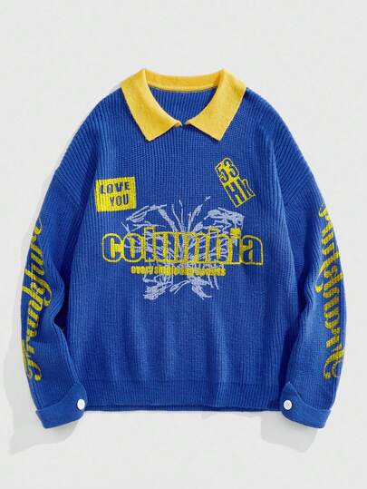 Street Life Men's Letter Printed Polo Collar Knit Sweater