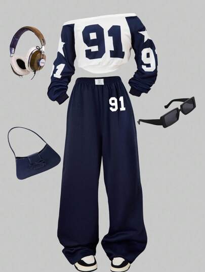 2pcs Teenage Girls Set: Asymmetrical Neck Long Sleeve Sweatshirt Number & Pentagram Print + Casual Sports Letter Print Wide Leg Pants Suit, Suitable For Daily, Street, Leisure, Vacation Fall Winter