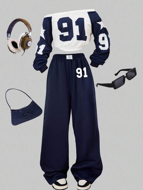 Sparklyn 2pcs Teenage Girls Set: Asymmetrical Neck Long Sleeve Sweatshirt Number & Pentagram Print + Casual Sports Letter Print Wide Leg Pants Suit, Suitable For Daily, Street, Leisure, Vacation Fall Winter