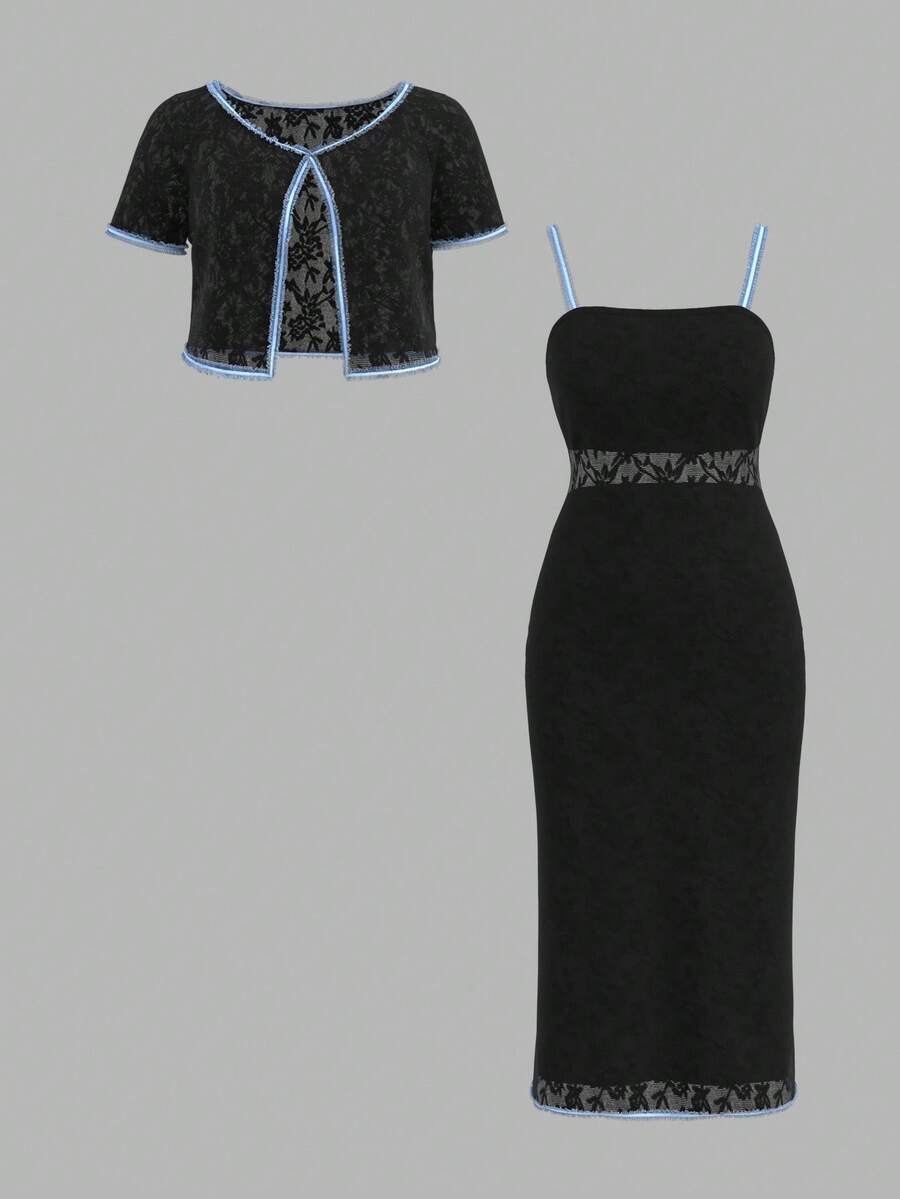 SHEIN MOD 2 Peças Conjunto de Vestido Elegante e Sexy Plus Size - Cardigã com Textura de Renda Preta e Recortes de Fita de Cetim Azul e Vestido - Preto - Visão 1