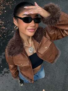 Muchica 女式复古仿皮拼布PU皮夹克，秋冬 - 棕色 - 查看 1