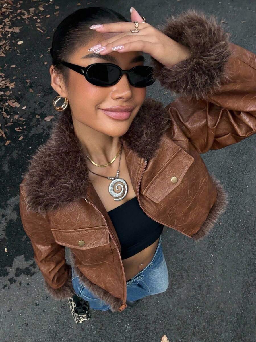 Muchica 女式复古仿皮拼布PU皮夹克，秋冬 - 棕色 - 查看 1