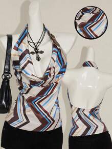 SHEIN ICON 女式条纹露肩低背腰带装饰短款上衣露背背心，休闲度假装 - 彩色 - 查看 1