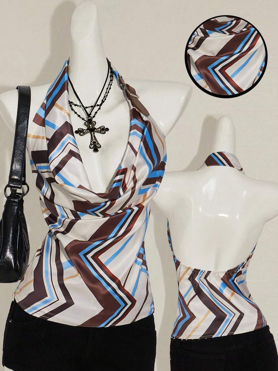 SHEIN ICON 女式条纹露肩低背腰带装饰短款上衣露背背心，休闲度假装 - 彩色 - 查看 1