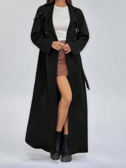 SHEIN Tall 秋冬加长全长纯色双排扣长袖风衣