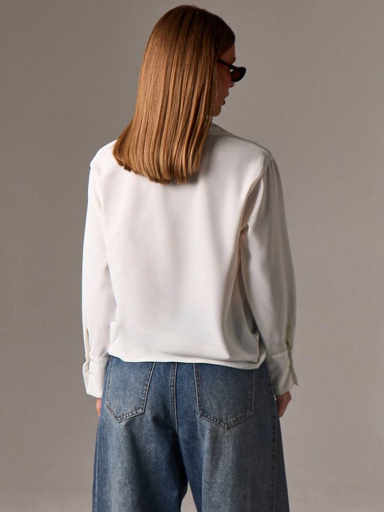 Draped Wrap Front Collared Blouse With Long Sleeves