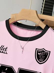 SHEIN 少女粉色短袖褶皱T恤，数字07印花，蝴蝶结袖口设计，百搭又活力，适合音乐节 - 彩色 - 查看 3