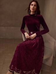 MOTF PREMIUM VELVET BODICE LACE FLARE HEM FAUX PEARLS BUCKLE BELTED DRESS