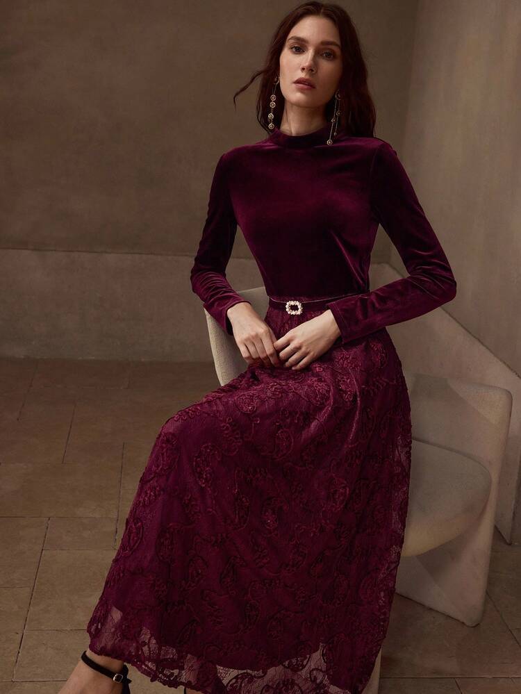 VELVET BODICE LACE FLARE HEM FAUX PEARLS BUCKLE BELTED DRESS