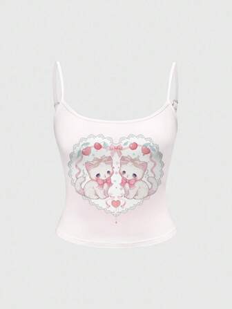 Kawaii Débardeur style collège sexy et innocent pour femmes, motif mignon chat rose