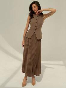 Aloruh Women's Elegant Commuter Solid Color Vest & Pleated Skirt Suit In Fall/Winter - Brown - View 1