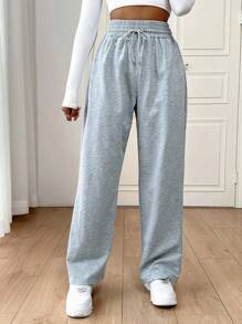 SHEIN Essnce 束口腰直筒運動長褲 - 灰色 - 查看 4