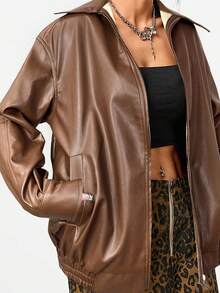 SHEIN EZwear 女士休闲皮夹克，带口袋，宽松版型，翻领，长袖，咖啡棕色，秋季必备 - 咖啡棕 - 查看 7