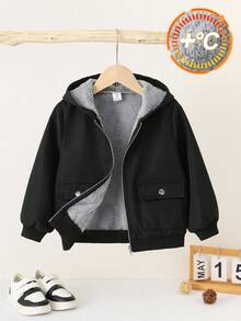 SHEIN 男童休闲舒适保暖连帽加厚羽绒服，冬季男童冬季外套，男童黑色抓绒外套，男童连帽冬季外套，男童带帽冬季大衣，男童黑色羊羔绒外套