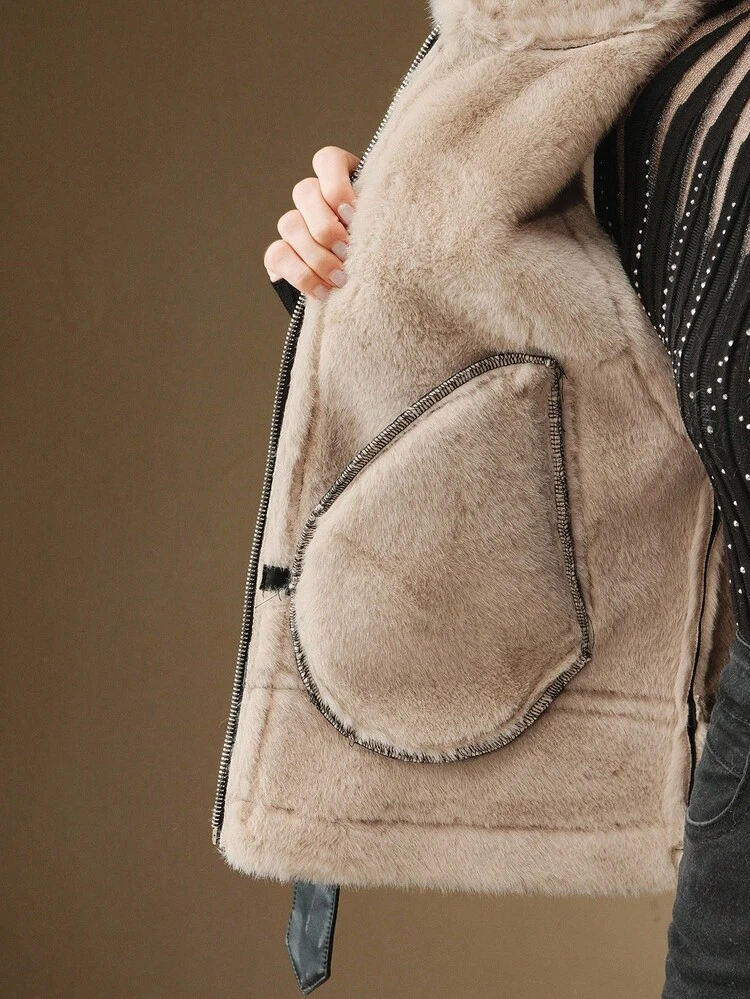 Women's Casual Zip-Up Vest Jacket With Fur Collar, Suitable For Daily Wear, Autumn/Winter