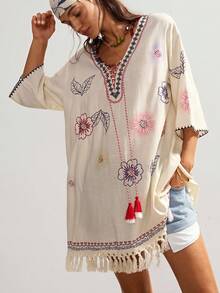 Bohemela 女士休闲纯色梭织V领宽松迷你连衣裙 - 杏色 - 查看 3