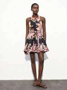 Maija 女士休闲简约牡丹花卉印花无袖衬衫领连衣裙，适合度假、海滩、音乐节、万圣节、派对、婚礼嘉宾、商务休闲 - 黑色 - 查看 8