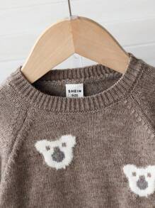 SHEIN Playful Pals Baby Boys' Camel Bear Jacquard Knit Sweater Set, Soft & Thick Fabric, Suitable For Casual Wear, Autumn/Winter Fall