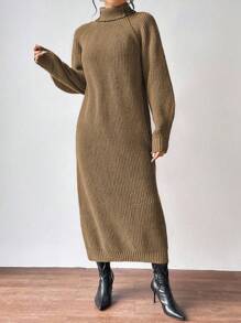 Aalyst Váy len dài cổ lọ màu trơn giản dị, Thu/Đông - Lạc đà - Xem 3