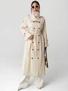 SHEIN ICON 女士中长款高领优雅通勤风衣秋冬 - 卡其色 - 查看 5