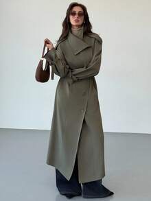 Aloruh 秋冬新款简约时尚立领喇叭腰系带宽松休闲长款风衣 - 綠色 - 查看 5