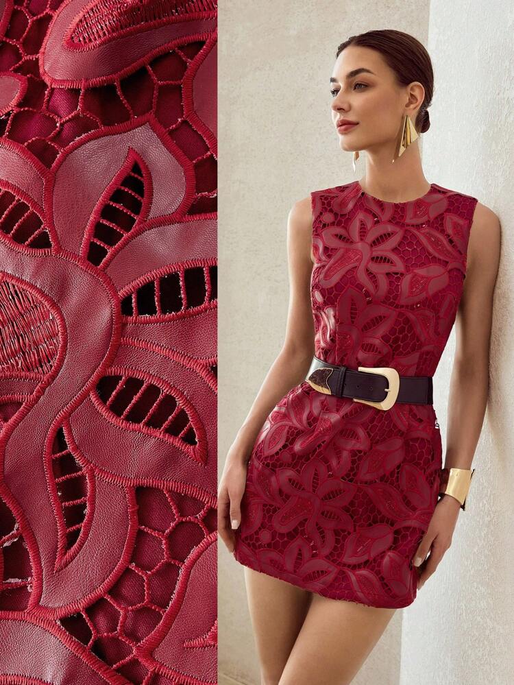 PU LEATHER FLORAL EMBROIDERY DRESS