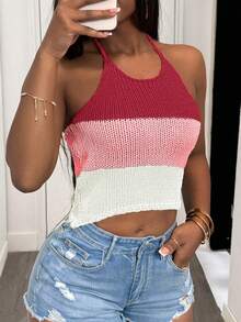 Slaydiva Nouveau Top tricoté à rayures multicolores style décontracté, de rue, sexy, pour sorties quotidiennes, vacances à la plage, croisière, anniversaire, avec bretelles ras-du-cou. Convient pour les femmes lors de concerts, vacances, etc. - Rose bonbon - Voir 8