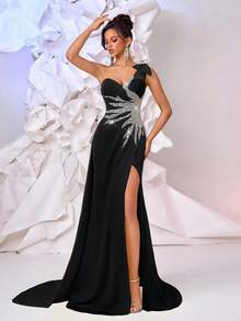 Glamrae 优雅奢华的浅黄色手工串珠面料贴花不对称肩部性感开衩飘逸女式正式晚礼服 - 黑色 - 查看 4