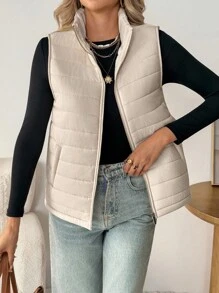 SHEIN LUNE 女士休闲纯色保暖无袖羽绒服，基础款秋冬羽绒背心，适合叠穿，冬季百搭，适合外出穿着，秋季新款，时尚百搭，适合冬季外出穿着。 - 米色 - 查看 4