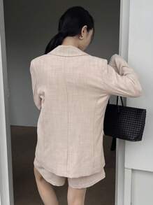 DAZY 女士翻领长袖单排扣西装外套和短裤休闲套装商务装 - 卡其色 - 查看 6