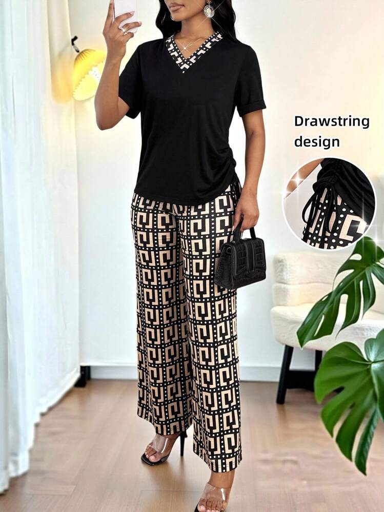 SHEIN Lady Conjunto informal de 2 piezas con cuello en V, manga corta, cómodo y transpirable con cordón para mujer - Multicolor - Añade 1