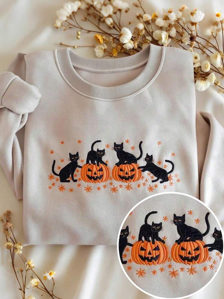 Lalippa Sweat-shirt-shirt décontracté à col rond à manches longues en polaire avec motif de chat de dessin animé et de citrouille pour femmes