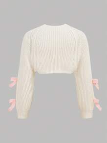 SHEIN Tween Girl Cute And Kawaii White Long Sleeve Cardigan With Pink Bow-Tie.,Long Sleeve Tops,In Fall/Winter - White - View 2