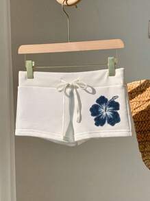 Comfortcana Floral Print Drawstring Waist Slim Fit Super Short Shorts, Summer White Shorts With Blue Flower