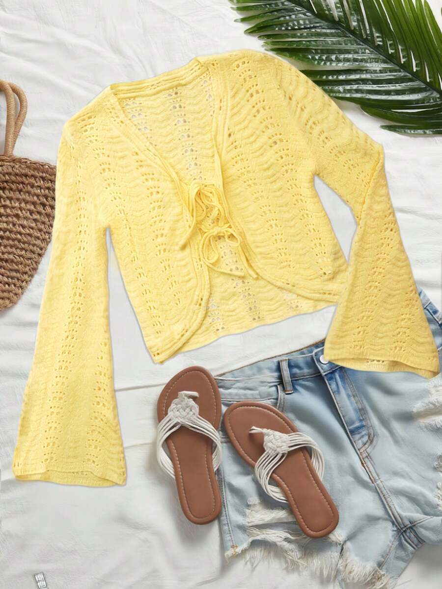 Franclia Women's Autumn Casual Simple Solid Color Bell Sleeve Front Knot Open Knit Crop Yellow Cardigan Fall Winter Cloth For Women - Yellow - View 1