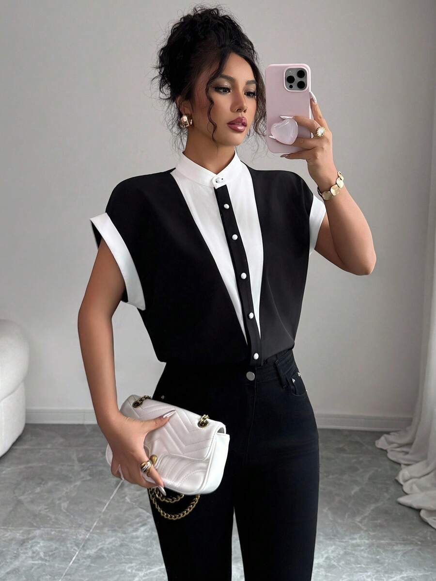 Selianne Áo sơ mi chắp vá thanh lịch dành cho nữ, thời trang cho mùa hè - Nhiều màu - Xem 1