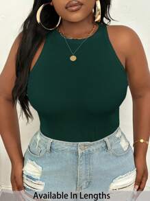 SHEIN PETITE CURVE Plus Size Casual Basic Fitted White Round Neck Off-Shoulder Tank Top - Dark Green - View 1