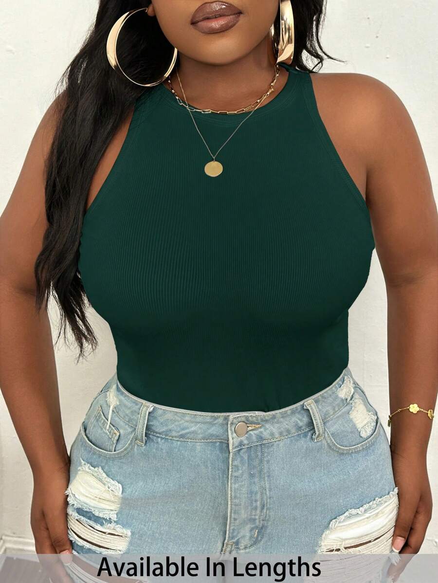SHEIN PETITE CURVE Plus Size Casual Basic Fitted White Round Neck Off-Shoulder Tank Top - Dark Green - View 1