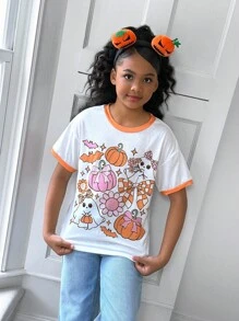 Girls' Halloween & Easter Party Cute Ghost Pumpkin Candy Graphic Funny Short Sleeve T-Shirt - Multicolor - View 3