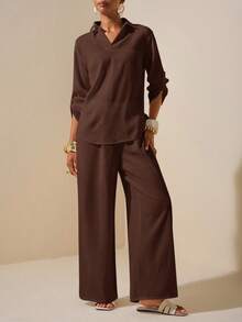 Zivah New Summer Casual Elegant Vacation Daily Dating Commuting Work Wear Simple Basic Style Lapel Long-Sleeved Drop Shoulder Loose Shirt + Wide-Leg Ultra-Long Pants White Women's Two Pieces Suit Blouse And Pants Set 2 Piece Linen Sets Woman Brown Outfit Women - Brown - View 6