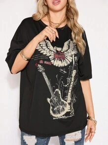 SHEIN EZwear 大码女式休闲简约摇滚吉他图案圆领短袖 T 恤，宽松款，适合夏季 - 黑色 - 查看 5
