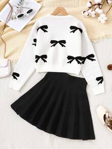 SHEIN Tween Girls Cute Bow Jacquard Knit Sweater And Knit Mini Skirt Set, Casual Daily Versatile Fashion Outfit Fall Winter - White - View 2
