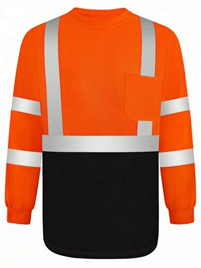 SHEIN 1PC Unisex Workwear Reflective Long Sleeve Round Neck Orange High Visibility Warehouse Construction Night Work Commuting Road Professional Heavy Duty Utility Vestment